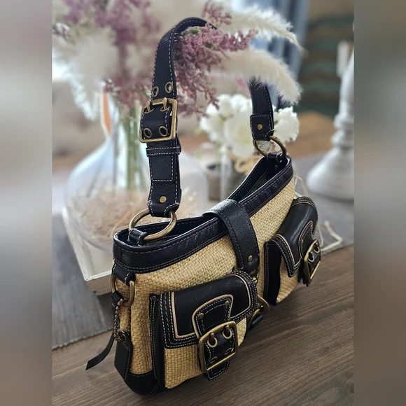 Vintage Coach Legacy Leather Trimmed Manufactured Straw Hobo Shoulder Bag - Picture 9 of 16